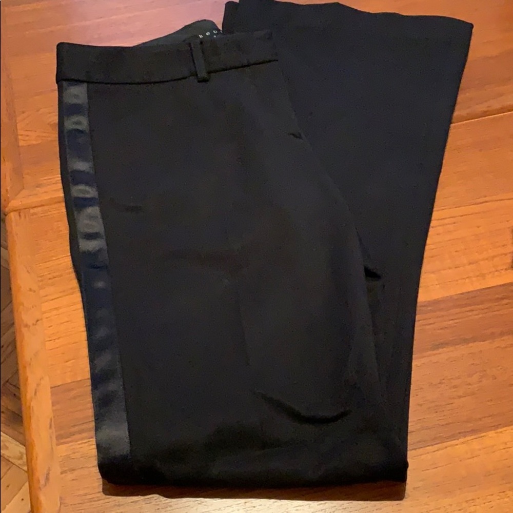 Theory black wool pants with satin stripes.